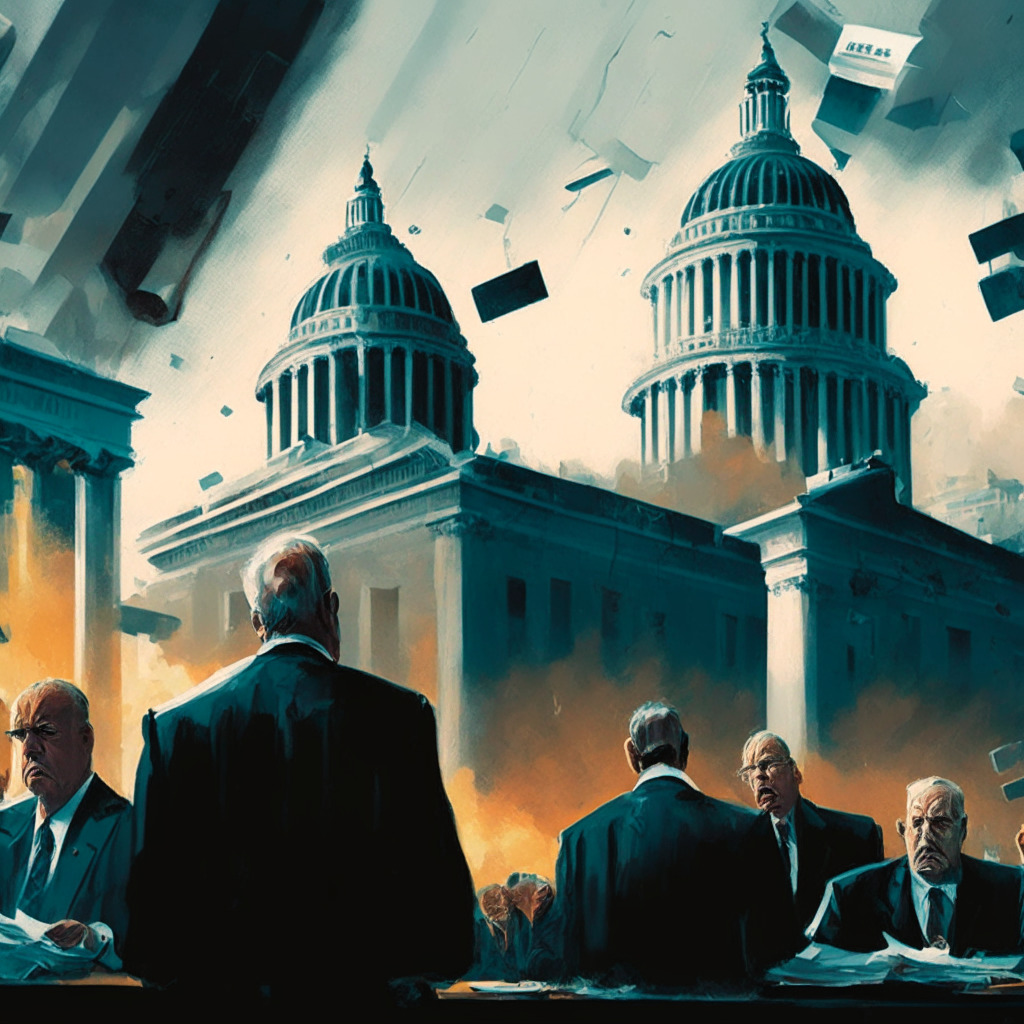 Mood of financial turbulence, senate hearing, collapsed banks, digital asset debate, balanced light setting, oil painting style, setting: a city with iconic architecture fading in background, foreground: Senators questioning bank executives on their poor management practices, intertwined representations of crypto and traditional banking elements.