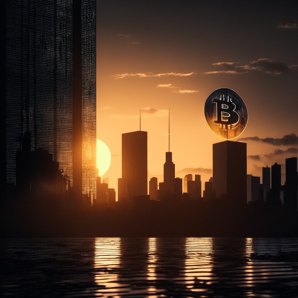 Sunset-lit urban financial district, bitcoin symbol in foreground, large CPI data on a billboard (4.9%), background silhouette of Federal Reserve building, grayscale aesthetic, moody atmosphere, incorporating elements of uncertainty & anticipation.
