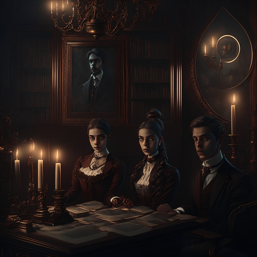Intricate Victorian study, lavish mahogany desk with crypto coins, contrasting dark shadows and warm candlelight, financial reports, family portraits with a modern twist, Gen Z influence, sophisticated yet edgy atmosphere, ambivalent expressions, air of uncertainty with a glimmer of curiosity.