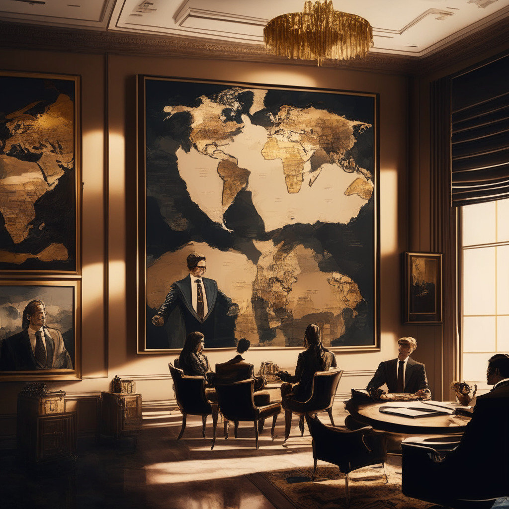 A luxurious family office with global map on the wall, individuals discussing crypto assets, elegant blend of modern & classic art styles, warm color palette evoking wealth and prestige, soft lighting, long shadows, sense of determination and anticipation, contrasting old financial world with emerging digital horizons, navigating complex regulatory landscapes.