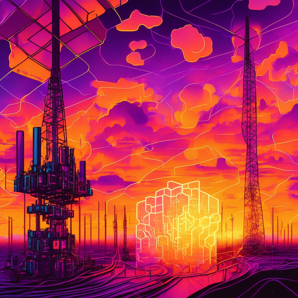 Intricate blockchain scene, sunset-hued sky, gas fees materializing as rewards, contrast between innovation & dependency, sense of optimism. Highlight: dApp Gas Monetization Program, developers reaping rewards, Fantom network in the background, artistic style with vivid colors, hinting at the program's potential impact on growth & infrastructure.