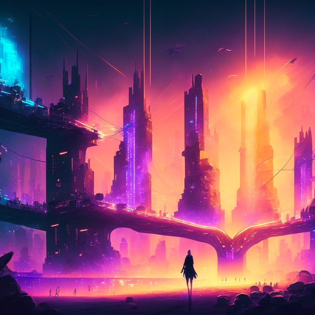 Futuristic city scene with decentralized web, brilliant backlight symbolizing growth, artistic representation of dApp developers rejoicing in rewards, somber colors convey uncertainty, a balancing scale showing potential financial risks and rewards, glowing burning rate reduction, subtle cross-chain bridges in distance.