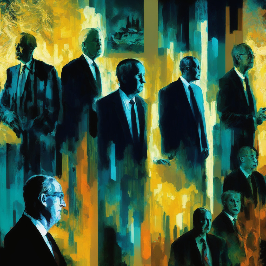 Federal Reserve panel, looming interest rate hikes, influential speakers, labor market, inflation control, Bitcoin market volatility, tight jobs market, US debt ceiling optimism, light and shadow interplay, economic uncertainty mood, impressionistic painting style