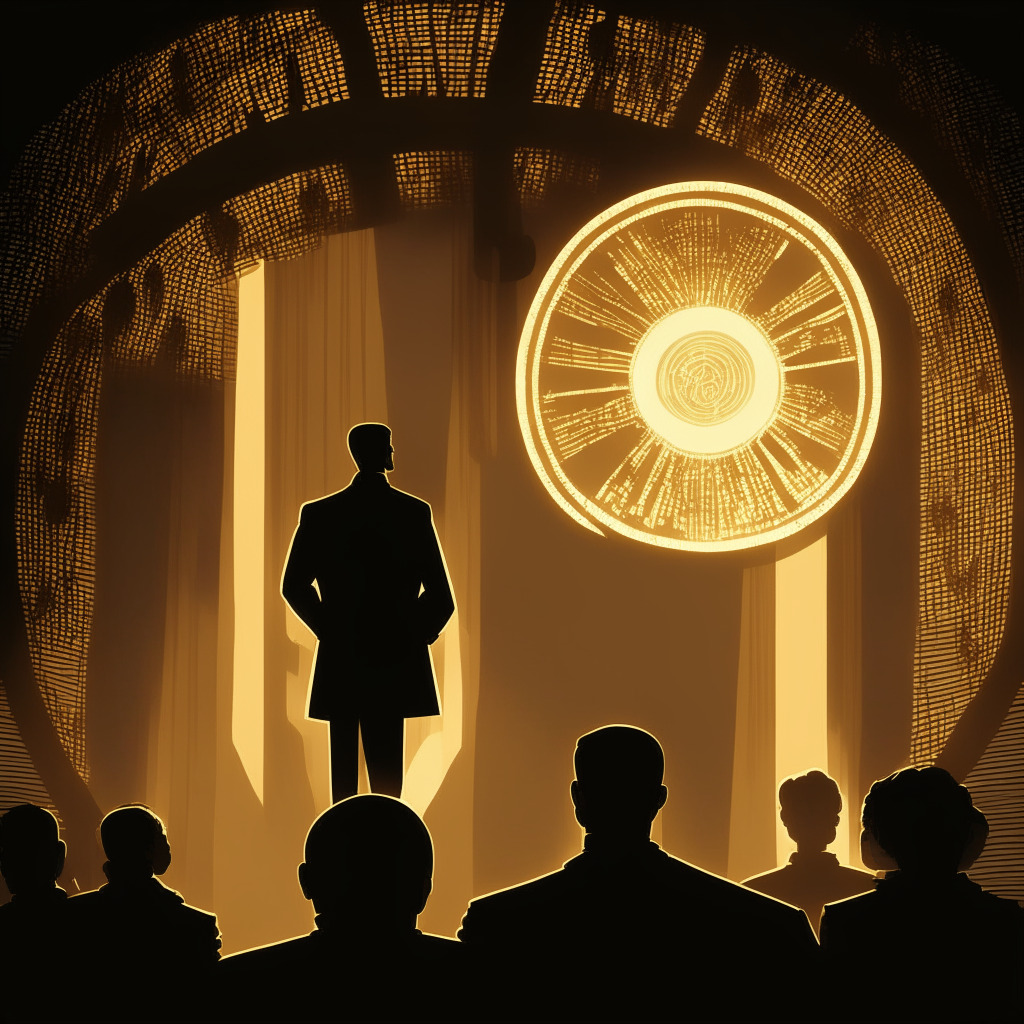 Dim-lit scene of a powerful speech, glowing Fed Chair silhouette in a transparent chamber, abstract crypto coins ascend with hope, hint of Art Nouveau style, radiant beams of cautious optimism, steady monetary policy waves, dynamic economic projections, stormy labor market, faint reflection of investors analyzing, mood of anticipation & intrigue.