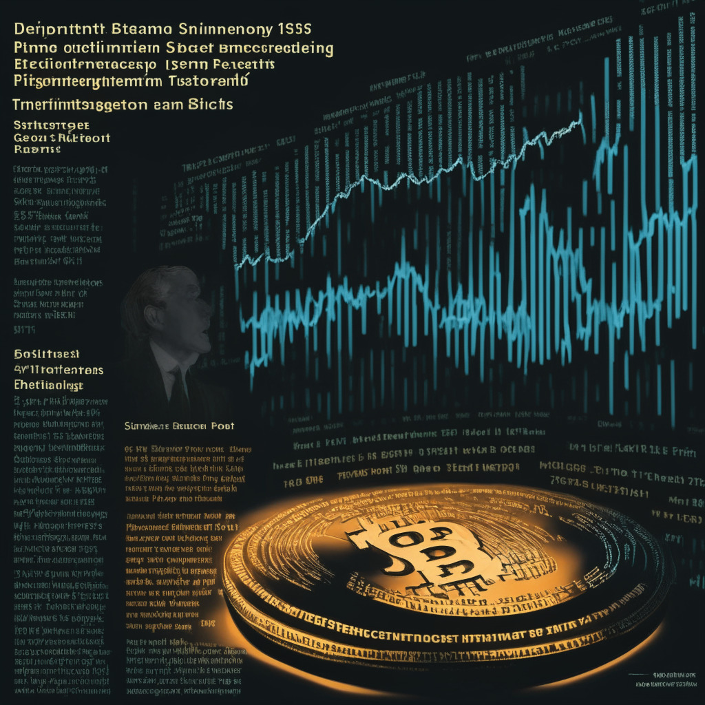 Cryptocurrency market anticipation, US Federal Reserve interest rate hike pause, June 2023 meeting, optimism vs. skepticism, monetary policy tension, intricate chiaroscuro lighting, serene yet intense mood, economist debate, digital currency backdrop, modern art style, S&P 500 Index influences, watchful investors, uncertainty in decision-making.