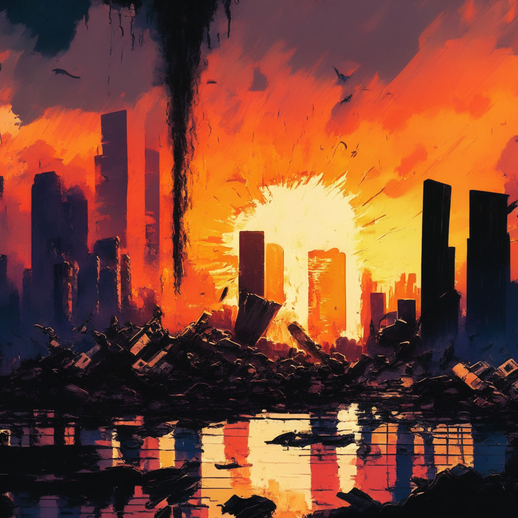 Sunset over a tense cityscape, Bitcoin symbol crumbling under the weight of increasing interest rates, whales & miners selling off their holdings, crypto market struggling to hold support levels, air of uncertainty, contrasting dark & vibrant colors, expressive brushstrokes capturing fluctuating emotions, subtle nod to famous Fed Chair Jerome Powell's speech.