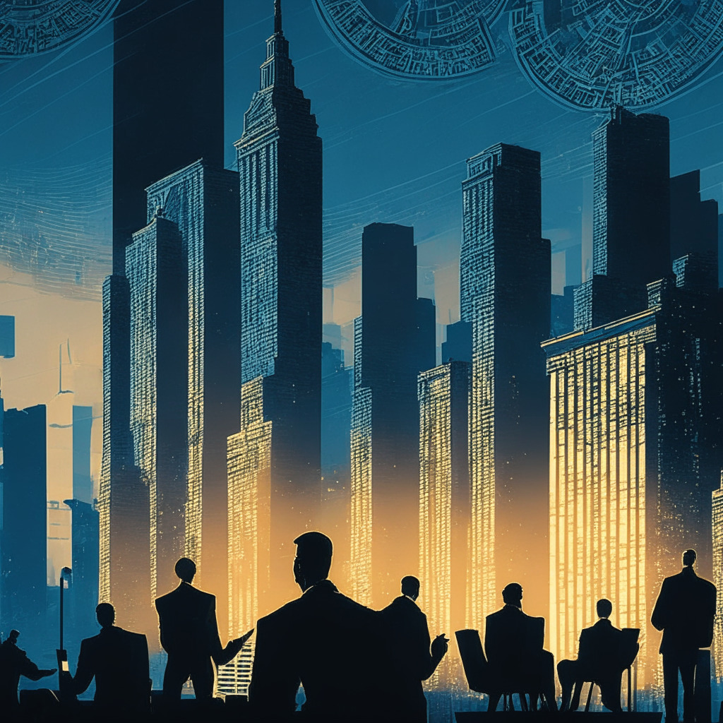 Intricate cityscape at dusk, financial buildings, intertwined crypto symbols of Bitcoin and Ethereum, silhouettes of Federal Reserve officials discussing, subtle golden glow, hints of impressionism, mood of uncertainty and anticipation, cool tones of blue and gray dominate.