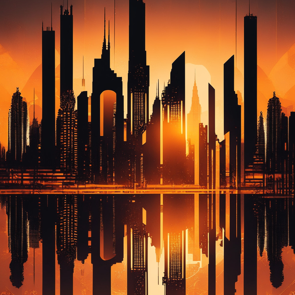 Intricate cityscape reflecting resilience, central bank figures conversing, abstract crypto symbols, warm sunset hues, dark shadows foreshadowing uncertainty, an aura of anticipation, supportive infrastructure themes, contrast between innovation and regulation, a harmonious yet tense atmosphere.