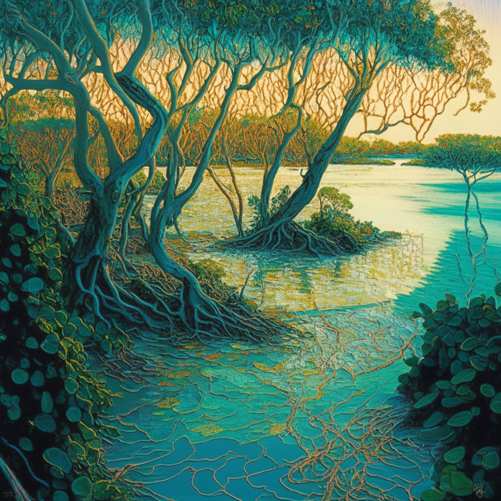 Intricate mangrove restoration scene, vibrant colors, coastal brackish waters, small trees and shrubs, soft light filtering through foliage, painterly art style, sense of tranquility and rejuvenation, swirling energy in the form of carbon credits, imagery subtly hinting at blockchain links, future-oriented yet grounded in nature, overall tone of hope and ecological balance.