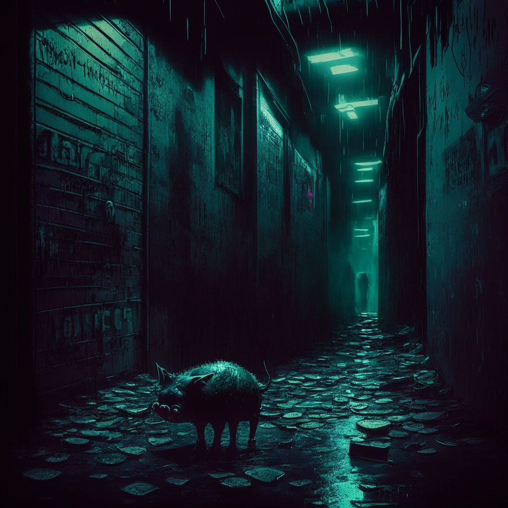 Cryptocurrency scam aftermath, shadowy alleyway, dimly lit with neon lights, stained concrete, shattered piggy bank with $32 million tokens, baffled investors standing, deceptive web of lies background, distant warning signs, somber mood, a cautionary tale in a realism meets noir art style.