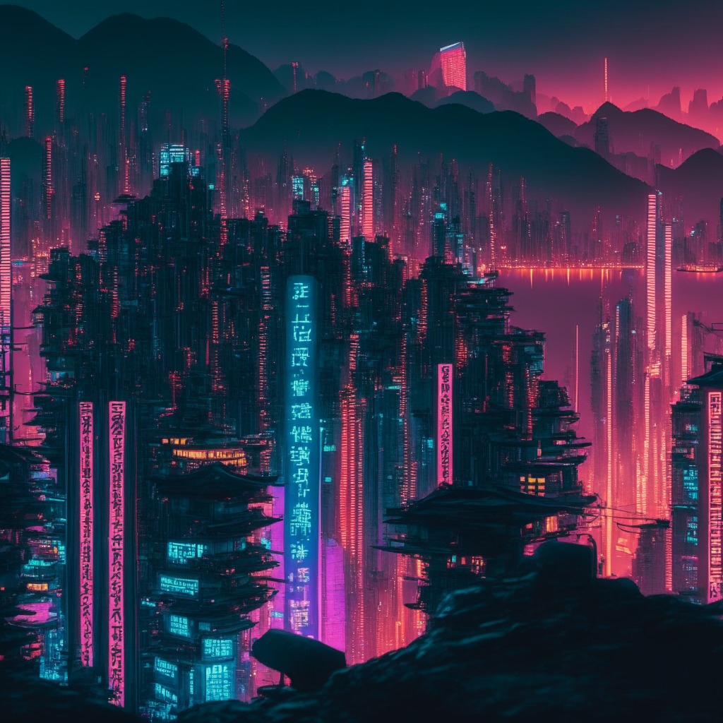 First state-owned Chinese company seeks Hong Kong crypto license, intricate cyberpunk cityscape at dusk, Hong Kong skyline with glowing neon signs, strong contrast between shadows and illuminated buildings, virtual trading platforms and digital assets like cryptocurrencies and NFTs integrated into the scene, cool tones reflecting a forward-looking, ambitious mood.