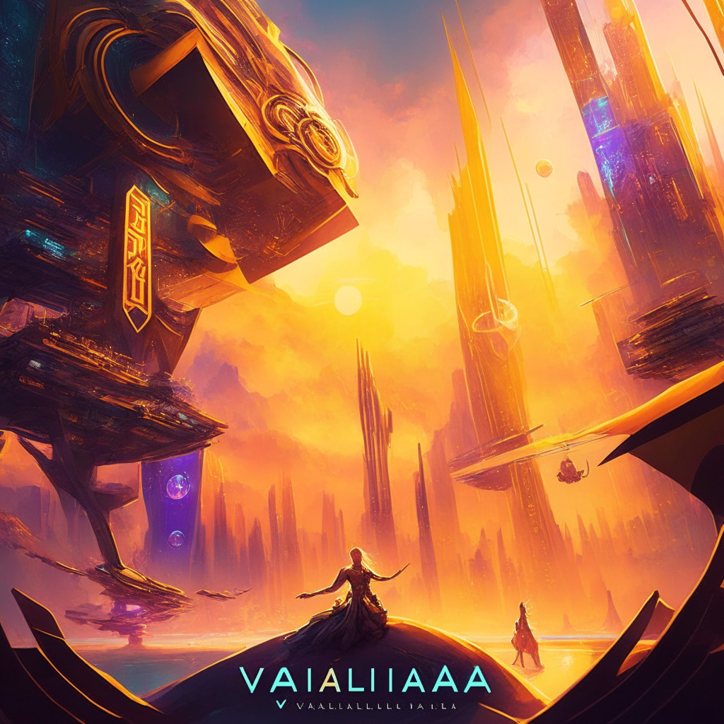 Futuristic Valhalla metaverse game, vibrant Chinese gaming market, crypto tokens ascend, relaxed Hong Kong regulations, warm golden light, potential strong Chinese economy growth, cautious optimism, ethereal and dynamic mood, painterly strokes, intertwined global connections, harmonious balance of power.