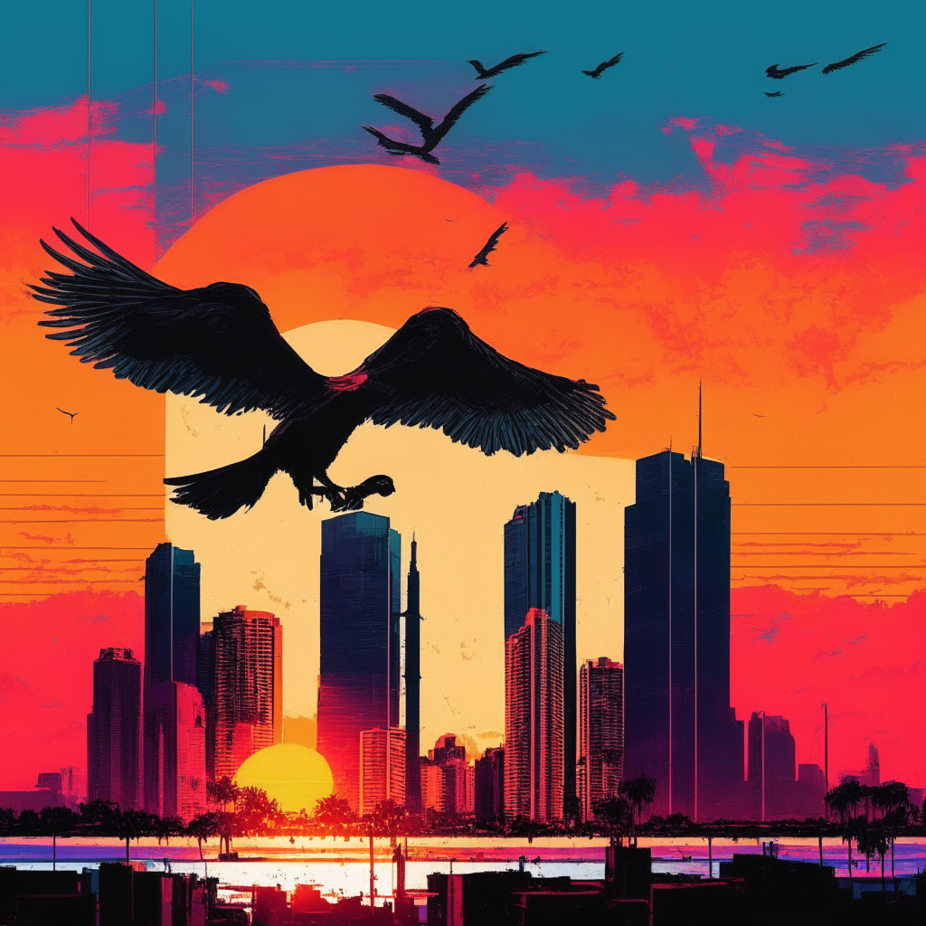 Sunset over Florida skyline, Governor DeSantis signing legislation, banned CBDCs floating in the sky, an American eagle breaking digital chains, contrasting warm & cool colors, subtle shadows, Expressionist style, tense atmosphere, a balance of freedom, privacy, and technological progress.
