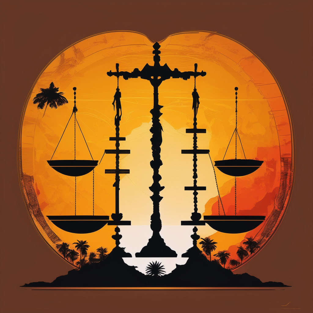 Intricate balance scale, silhouette of Florida, stylized central bank digital currency symbols, bold lines separating sides, sunset hues with soft shadows, tense atmosphere, contrasting innovative technology and traditional approach, impending decision metaphor, modern vs classic artistic style.