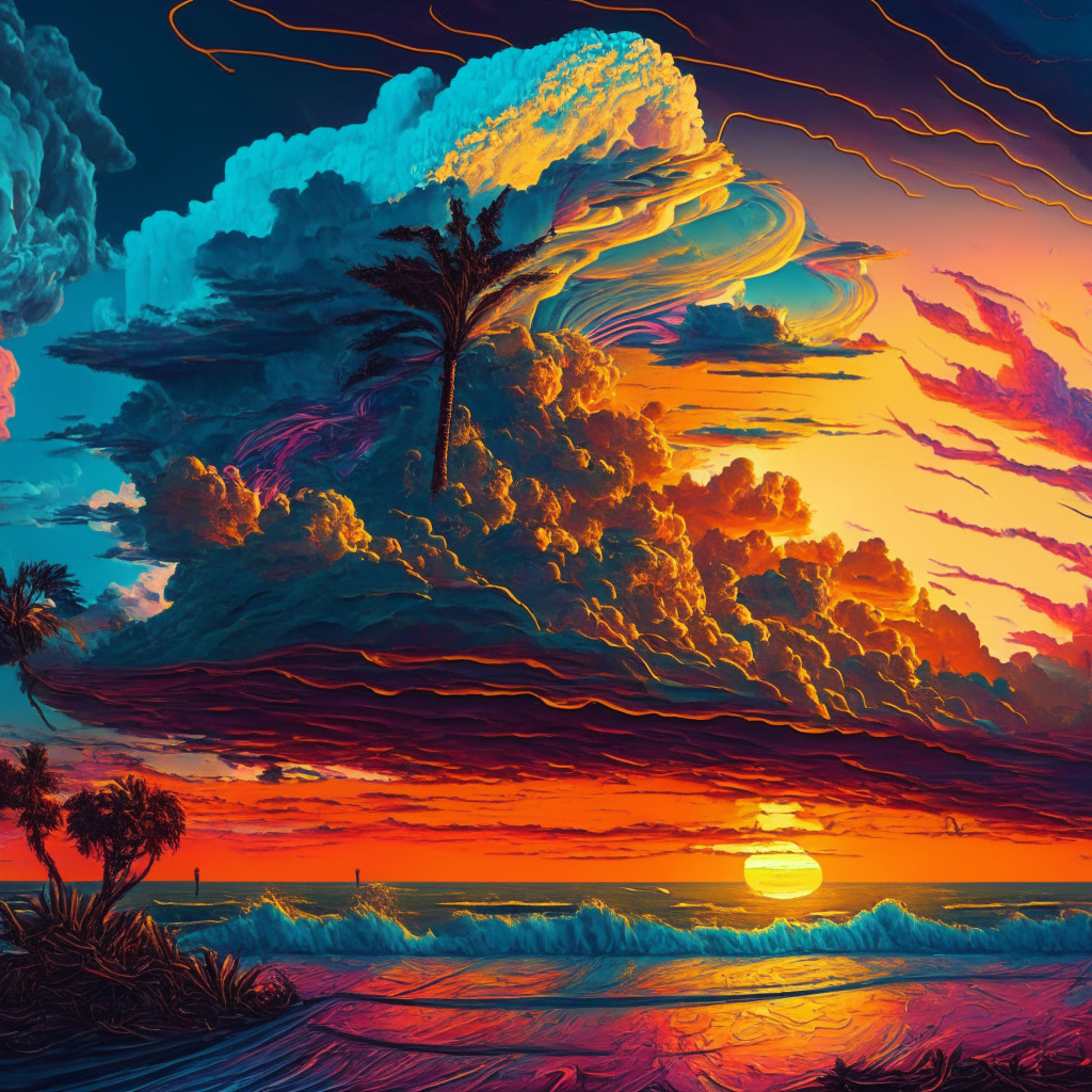 Intricate Florida landscape, CBDC ban, divided opinions, golden sunset, digital currency storm clouds, contrasting emotions, vibrant colors, currencies on the horizon, financial innovation, privacy concerns, stylized waves, futuristic mood.