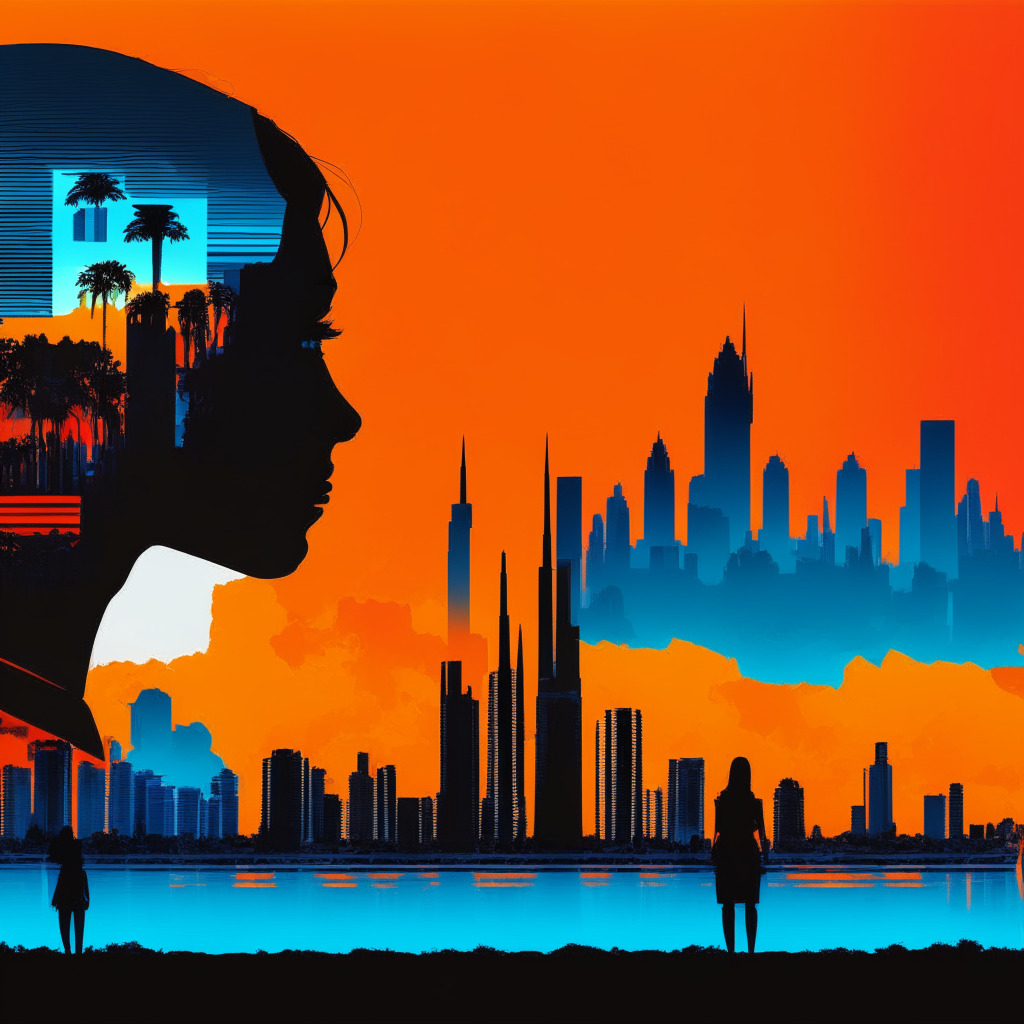Sunset over Florida skyline, digital versus physical currency, intense contrasting colors, shadows symbolizing privacy concerns, vibrant orange & blue hues reflecting debate, silhouette of people expressing financial inclusion, worried faces illuminating surveillance fears, mood filled with uncertainty, futuristic artistic style.
