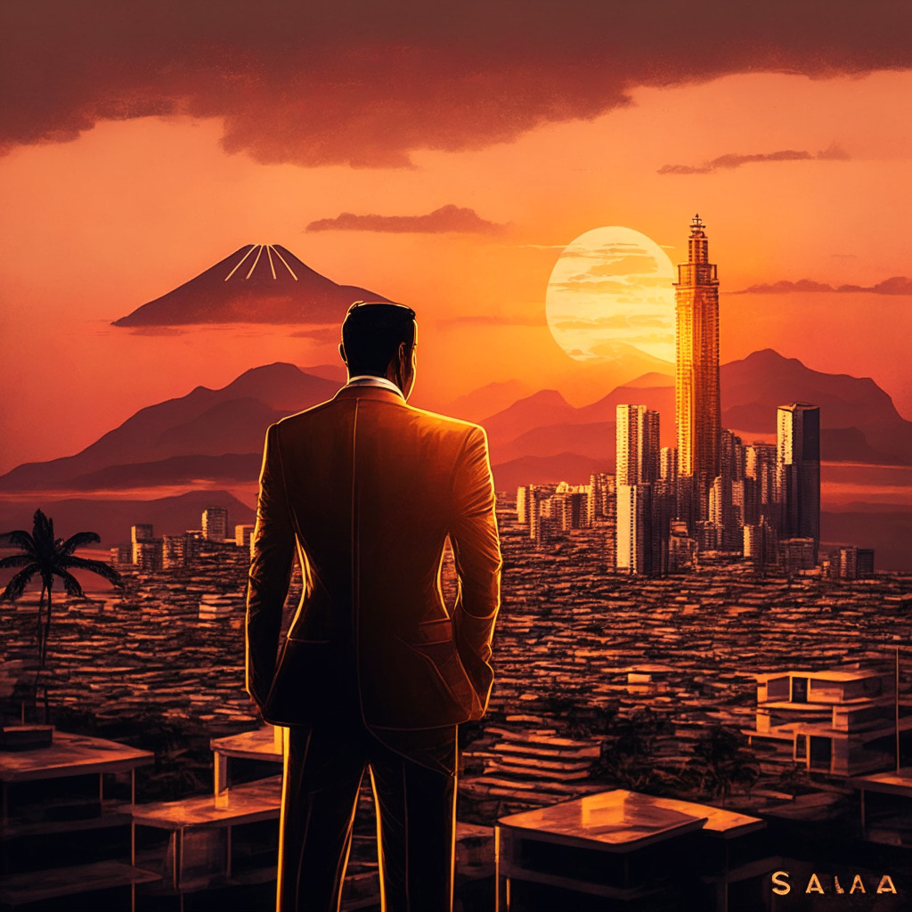 Sunset illuminating El Salvador skyline, a symbolic Bitcoin atop modern buildings, confident entrepreneur with a hint of traditional Salvadoran attire, folded world map as base, warm tones reflecting optimism, contrast between classic & futuristic styles, dynamic composition for a bustling crypto future in Latin America. (353 characters)