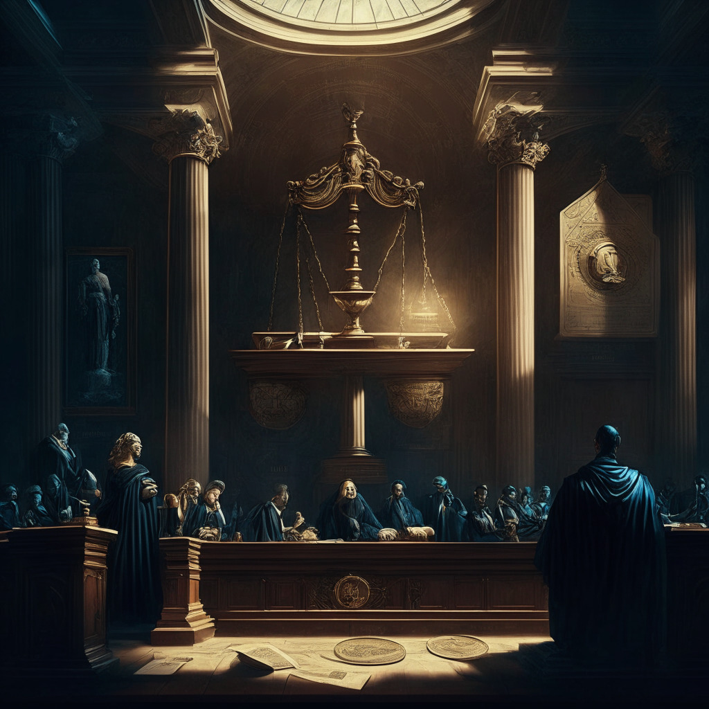 Cryptocurrency court scene, intricate detail: gavel, digital coins, defendant, judge, scales of justice, somber atmosphere, baroque artistic style, chiaroscuro lighting, mood: tension between justice & innovation, punishment & progress.
