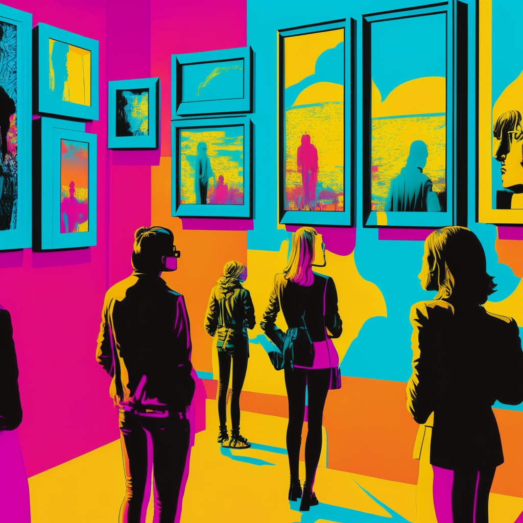 Intricate pop art scene, Warhol-inspired style, soft, ambient lighting, gradient sunset background, multiple individuals admiring tokenized artwork, contemplative mood, digital frames displaying famous pieces, futuristic art gallery setting, hints of both enthusiasm for accessibility and apprehension for exclusivity, no brand presence.