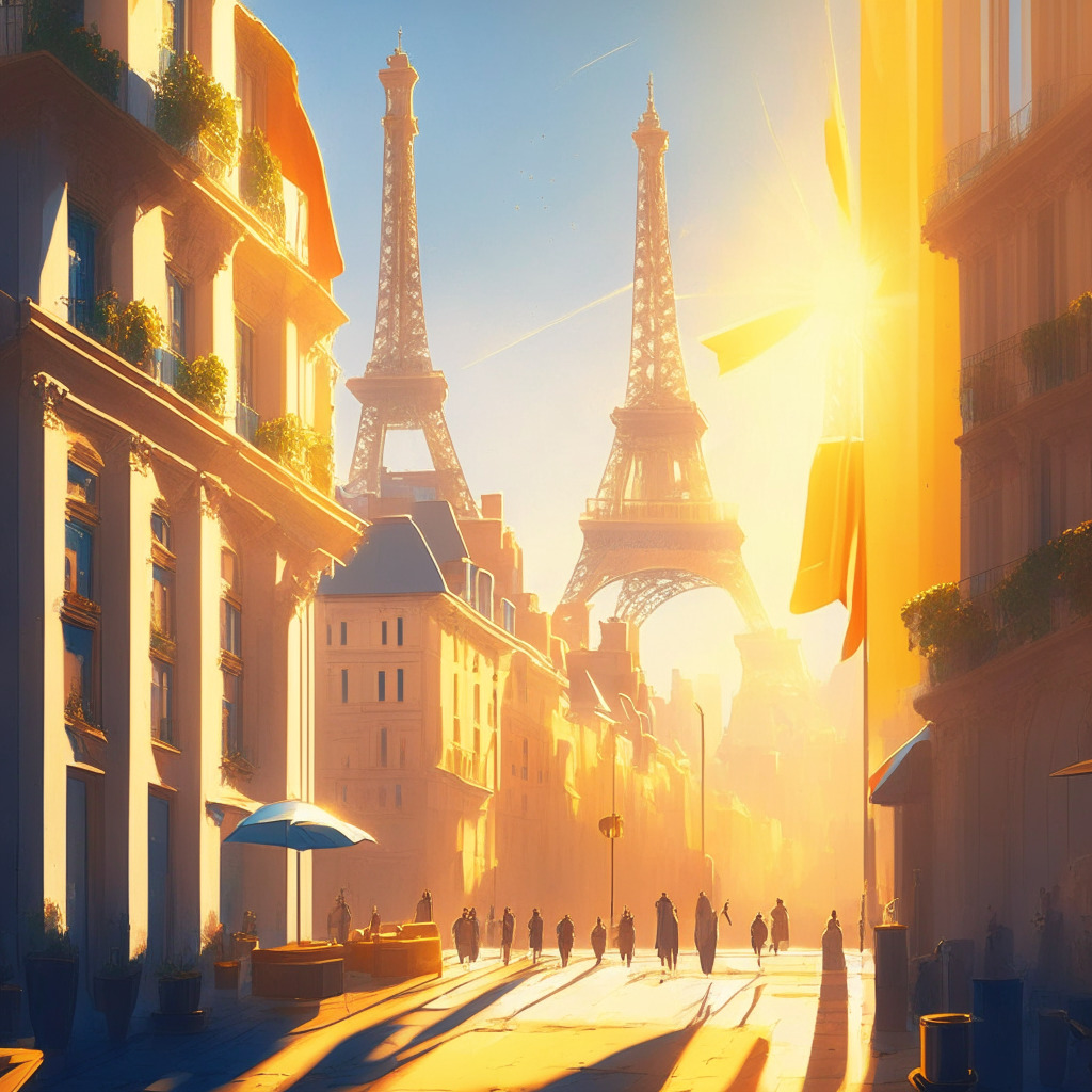 Sunlit French cityscape upholding cryptocurrency, welcoming US crypto firms, European Union flags, stable regulatory environment, MiCA regulations backdrop, peaceful mood, warm colors, large companies transitioning, balanced fusion of modern and classic artistic styles.