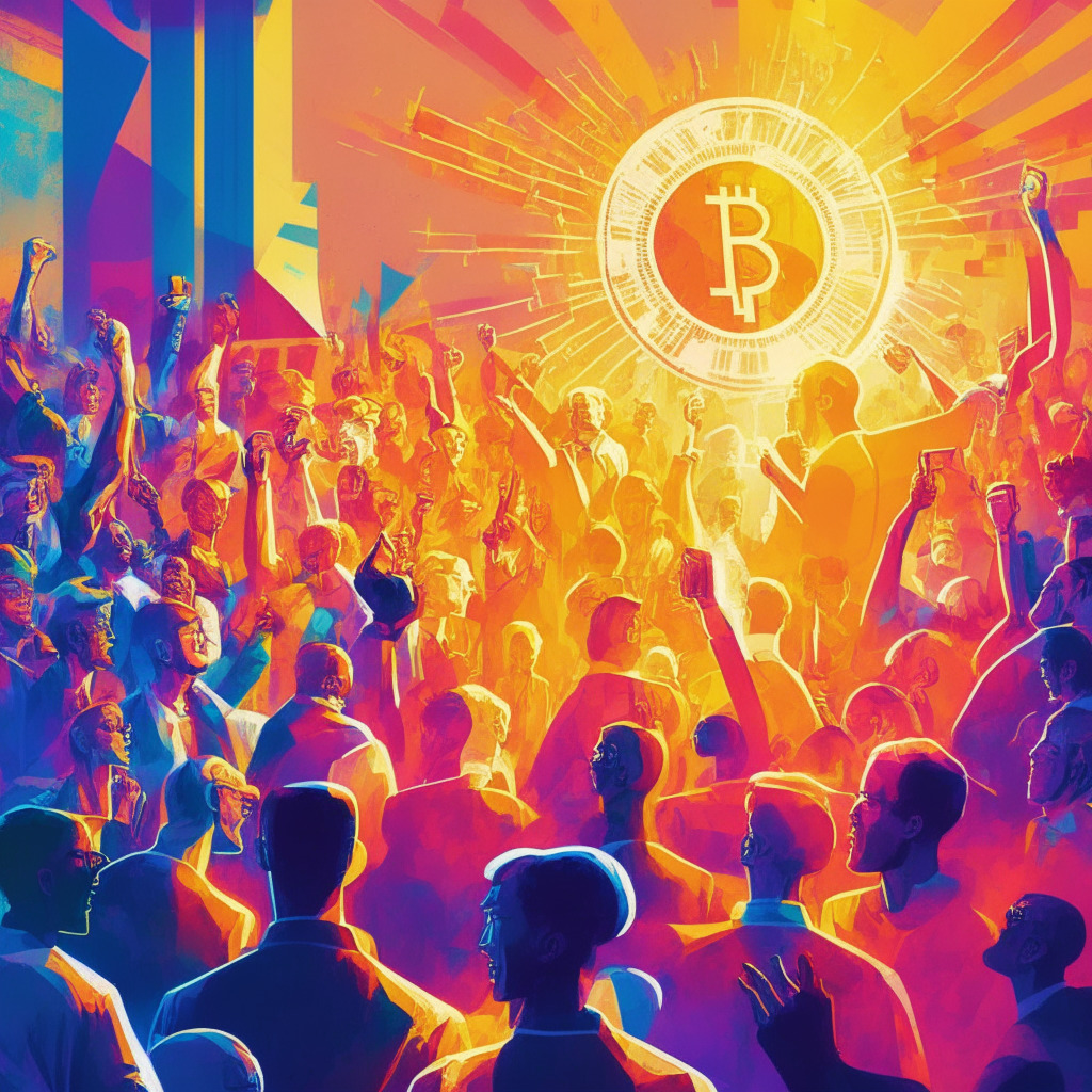 Sunlit political gathering, symbolic scales weighing Bitcoin and freedom of expression, energetic atmosphere, vibrant color palette, semi-abstract style, diverse crowd of supporters, candidates on stage, digital currency imagery, empowering and optimistic vibe, balance of regulation and innovation