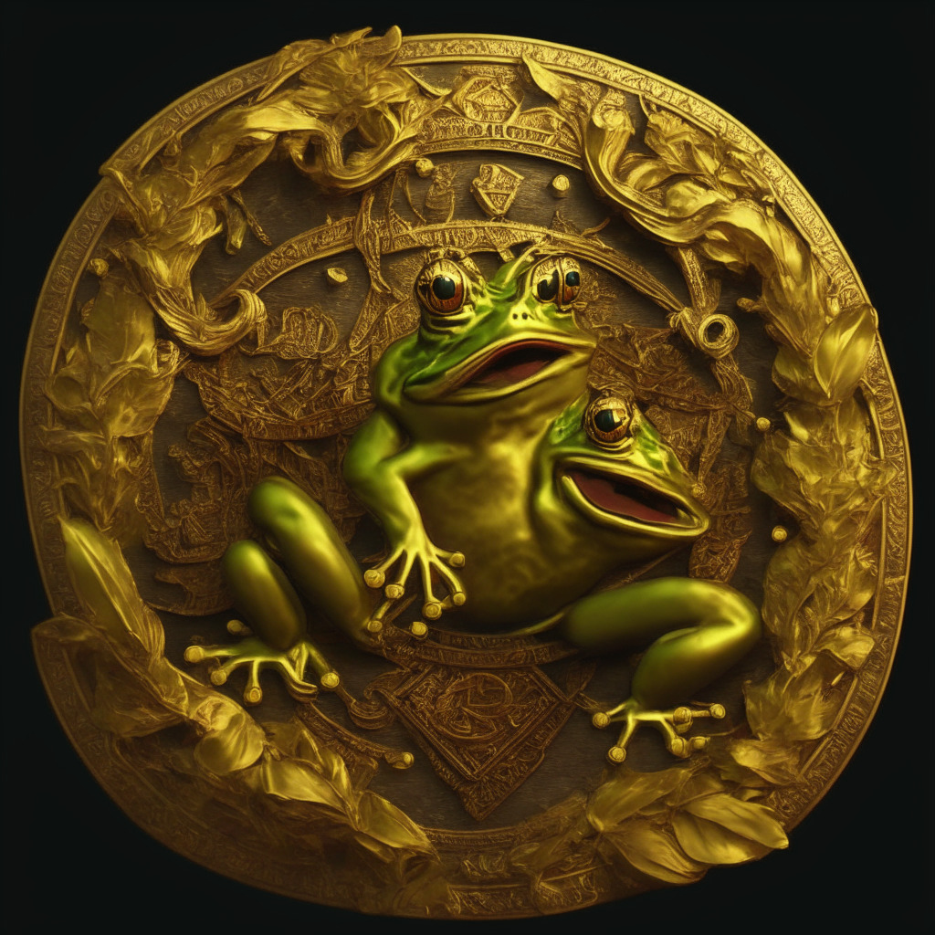 Frog-themed cryptocurrency scene, golden PEPE coin with laurel wreath, dramatic lighting and dynamic contrast, Baroque styling, central wedge pattern symbolizing bullish divergence, rollercoaster-like peaks and valleys representing volatility, excited meme enthusiasts with hopeful expressions, mysterious and uncertain mood. (349 characters)