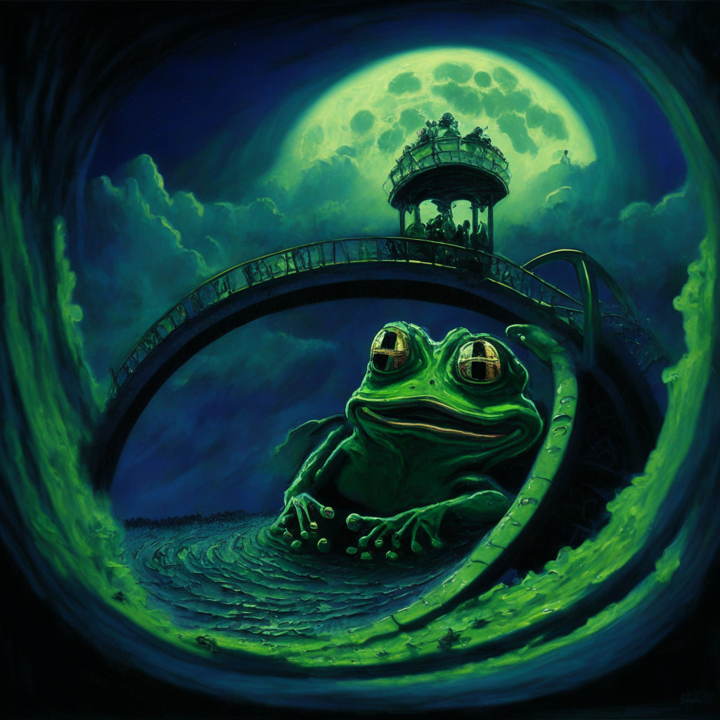 Frog-themed Memecoin roller-coaster, market cap at $2 billion, downward spiral, uncertain prospects, massive PEPE token influx, imminent large-scale sell-off, dramatic value drop, moonlit exchange setting, artistic blend of financial storm and swirling chaos, melancholic ambience, bleak optimism, high-stakes environment.