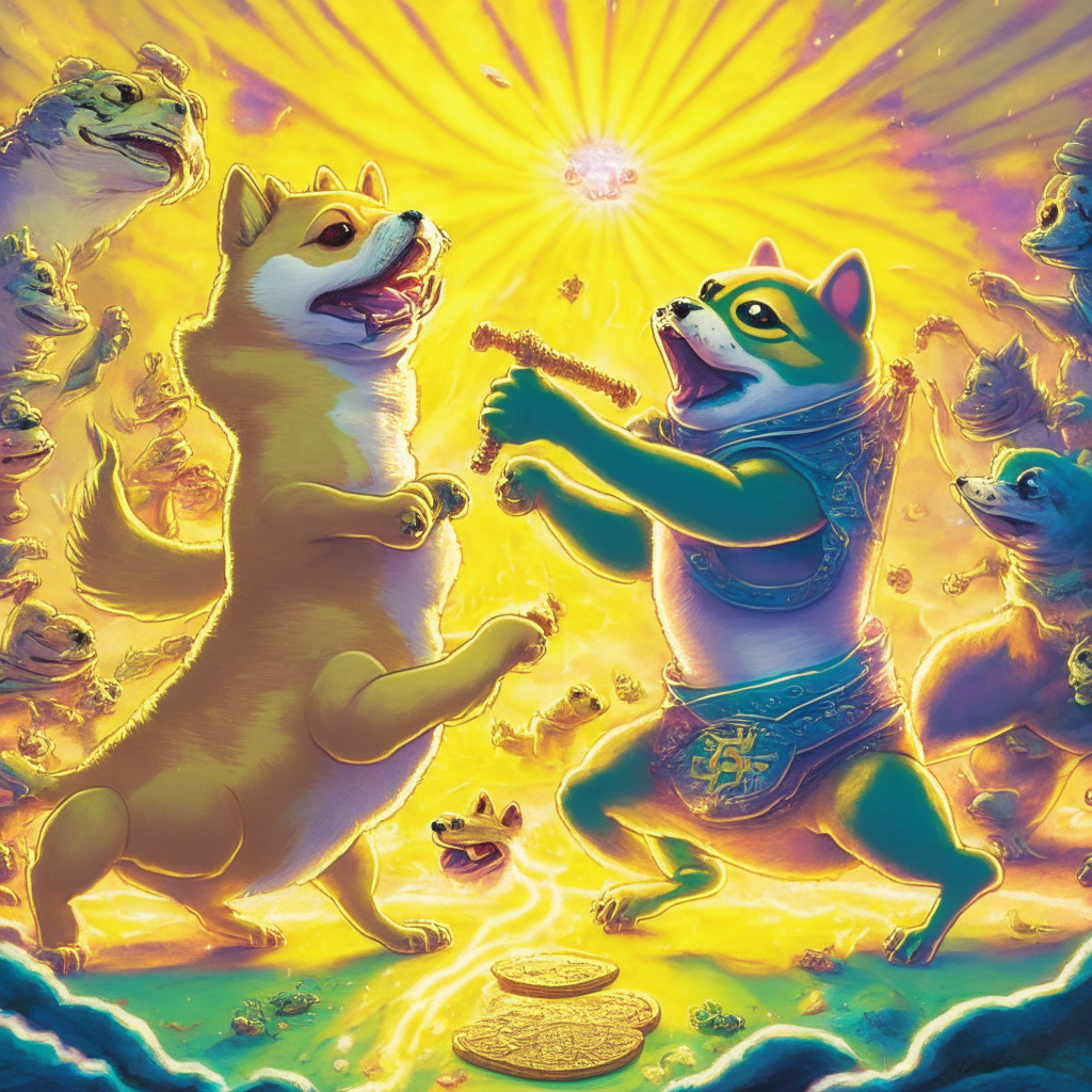 A whimsical battle scene between a triumphant frog, representing PEPE memecoin, and a determined Shiba Inu dog, symbolizing Dogecoin, vibrant colors and dynamic poses, highlighting their quest for memecoin supremacy, warm golden backlight imbuing a sense of hope and excitement, playful yet intense atmosphere reflecting an uncertain yet fascinating financial world.