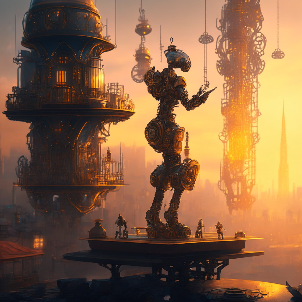 Intricate steampunk-style balancing scales, AI-powered robot and crypto miner at equilibrium, soft evening light casting shadows, futuristic industrial cityscape in the background, warm and cool colors juxtaposing mining and AI training, contemplative mood reflecting transition challenges.