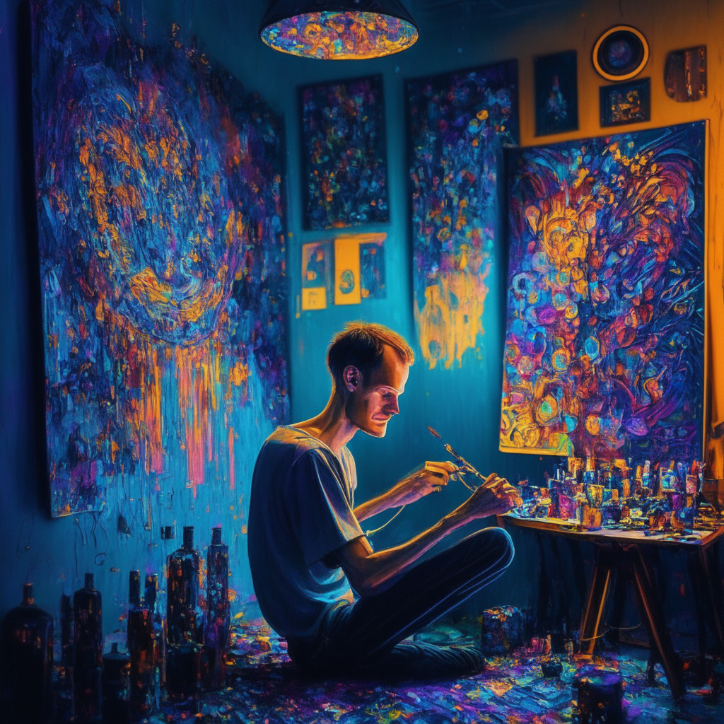 A crypto artist painting passionately, traditional brush in hand, surrounded by digital art canvases featuring crypto themes and notable figures like Vitalik Buterin, streaks of bold colors and intricate patterns merging art and technology, glowing industry-inspired room with warm and inviting lights, an air of creativity and innovation swirling, the mood is of excitement and artistic triumph.