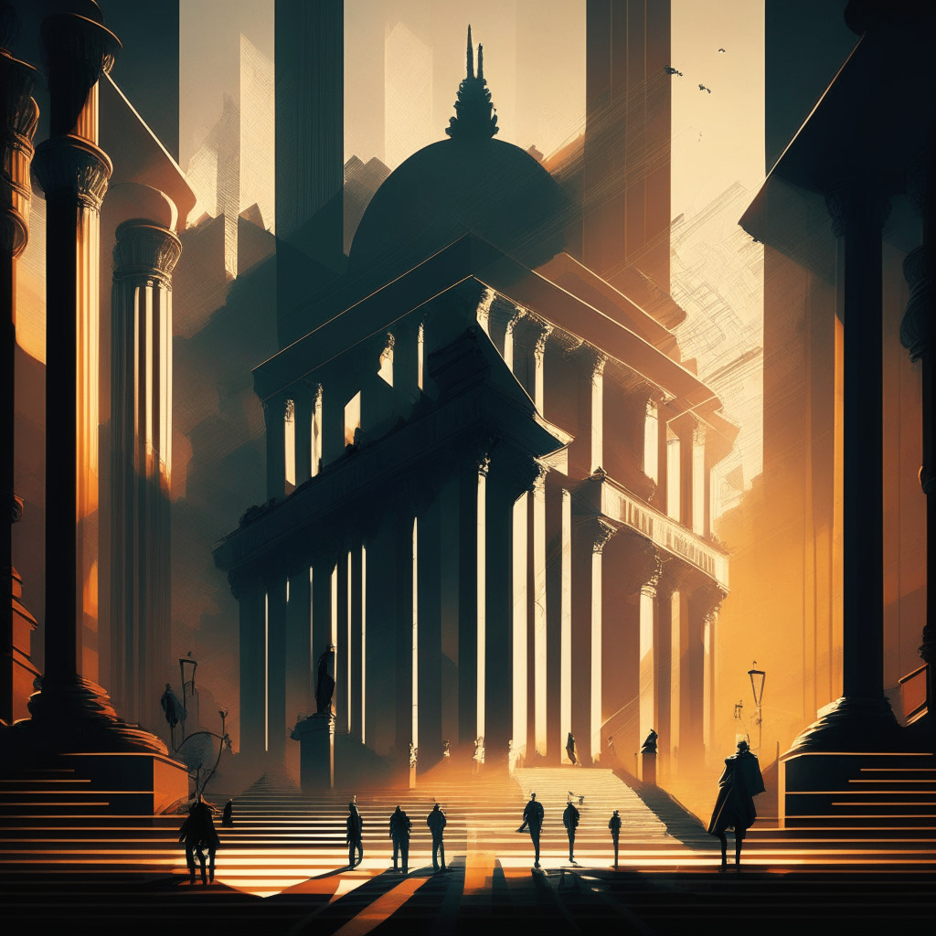 Intricate cityscape with futuristic elements, imposing courthouse, stylized cryptocurrency icons, shadows stretching from authoritative figures, contrasting warm and cool tones, tension in the air, nuanced chiaroscuro lighting, a sense of uncertainty, financial turmoil, and need for balanced regulations in dynamic, evocative composition.