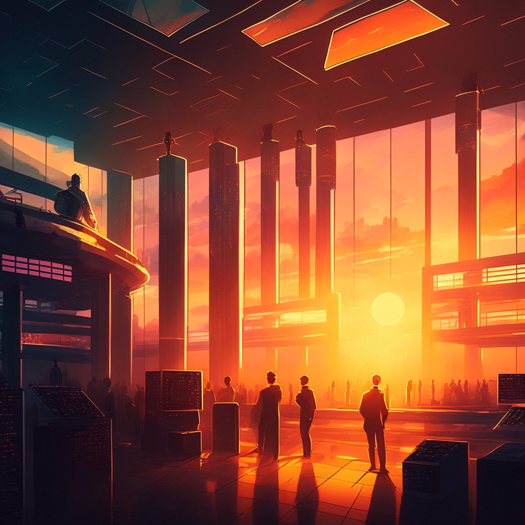 Sunset-lit crypto marketplace scene, futuristic trading floor, traditional finance-inspired architecture, TP ICAP embracing cryptocurrencies, institutional investors navigating blockchain terrain, contrasting emotions: optimism, caution, innovation meets regulation, warm and cool tones interplay, subtle hint of uncertainty.