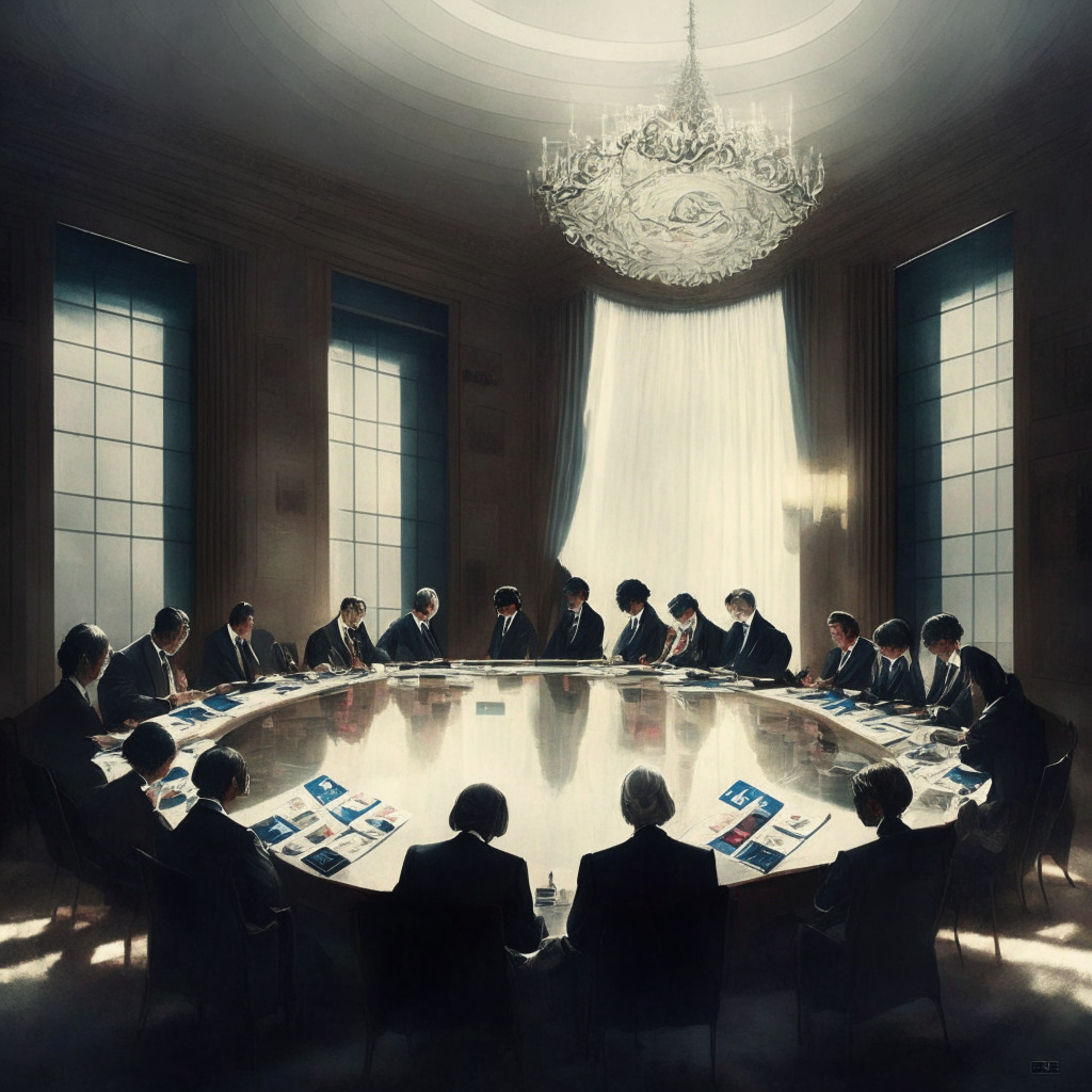 Majestic G7 meeting in Japan, finance ministers discussing, embracing crypto regulations, CBDC exploration, gloomy but intriguing atmosphere, sunlight piercing through windows, a mix of renaissance and modern art style, communicating seriousness, dedication to refining digital economy, harmony among authority figures, hint of anticipation for a financial revolution.