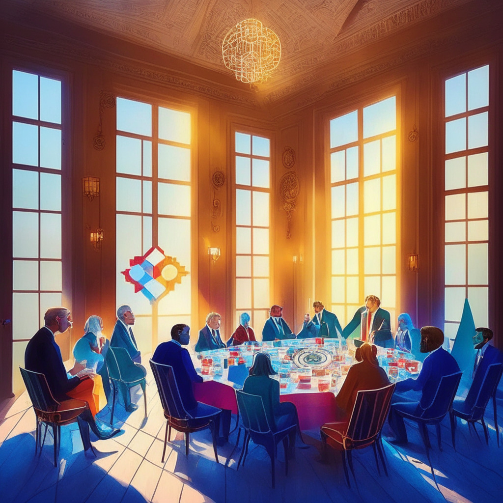 G-7 leaders discussing global crypto regulations, CBDC supervision, warm light symbolizing collaboration, digital currencies blended with traditional architecture, vibrant colors accentuating innovation, balance between financial stability & crypto growth, privacy vs security theme.