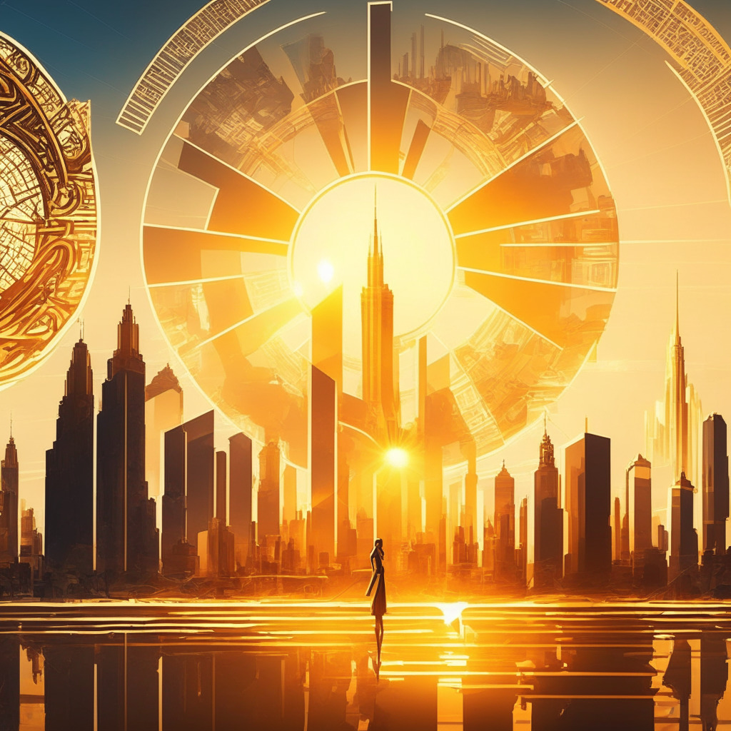 G7 consensus on crypto, futuristic city skyline with blockchain imagery, warm golden sunlight, elegant baroque art style, serene yet bustling atmosphere, figures debating regulation vs innovation, worldwide cooperation embracing both convention and technology, shadows symbolizing uncertainty and balance.