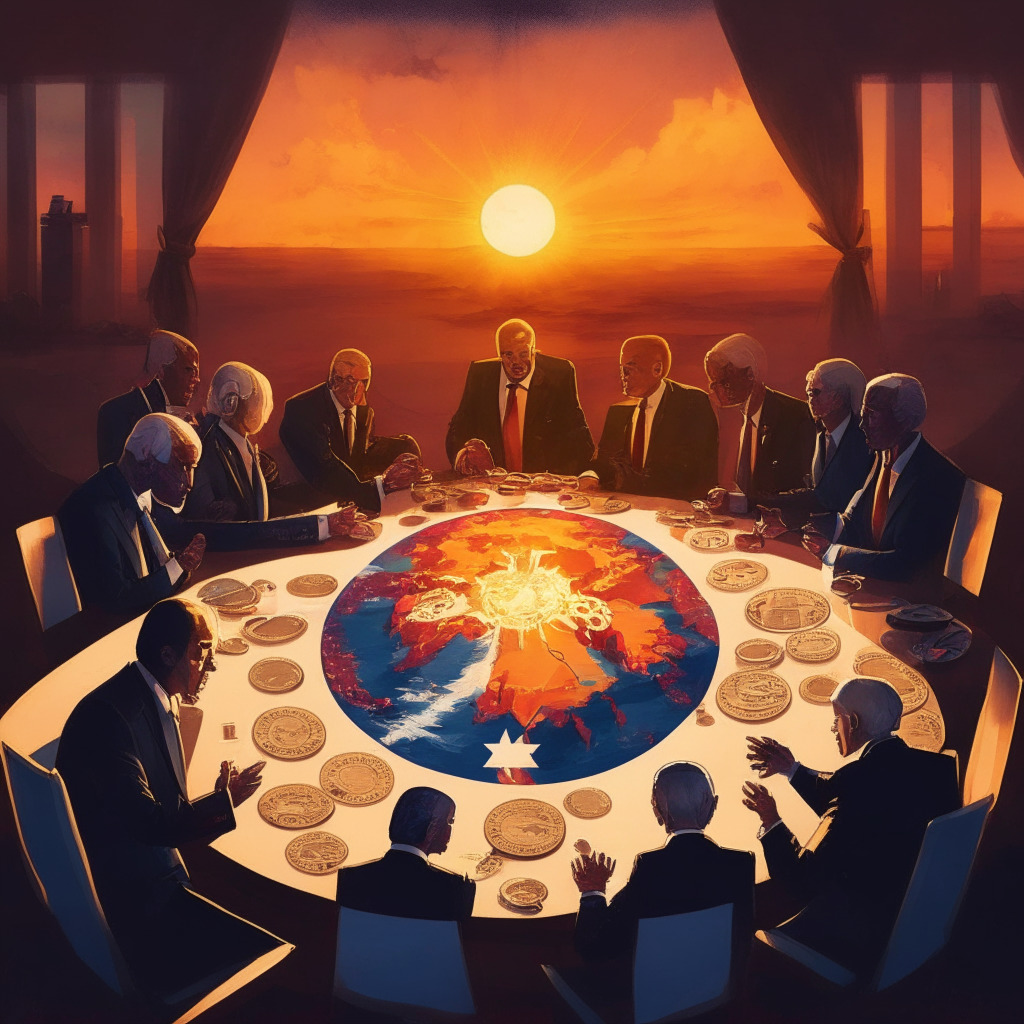 Sunset-lit political negotiation scene, G7 leaders around a round table, tension in the air, oil and pharmaceutical industry symbols, contrasting food assistance & Twitter posts, President Biden speaking passionately, hint of crypto coins, no logos, mood of urgency & determination, balance of power & innovation in the background.