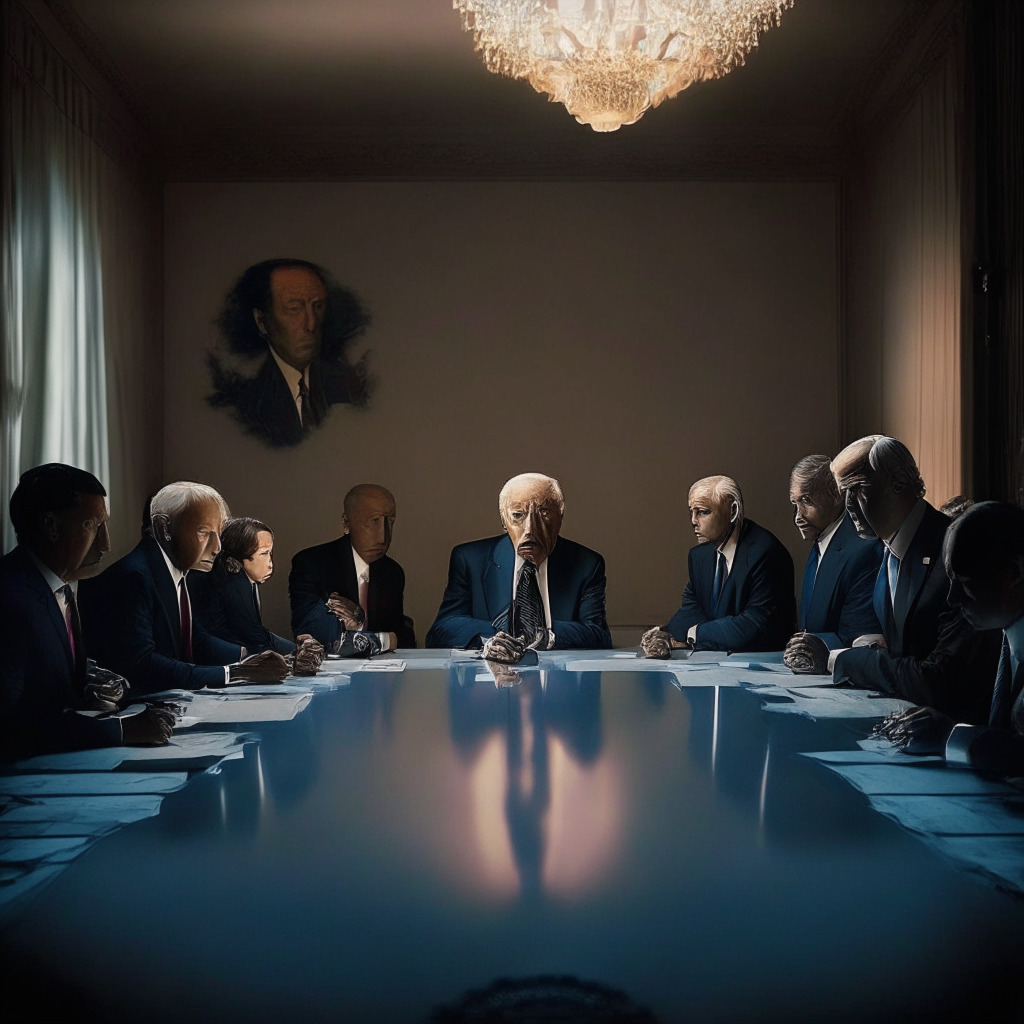 G7 Summit scene, Biden opposing crypto favoring debt ceiling, somber mood, chiaroscuro lighting, intense debate in the background, delicate balance of power and negotiation, financial tension, digital vs traditional finance contrast, subdued color palette.