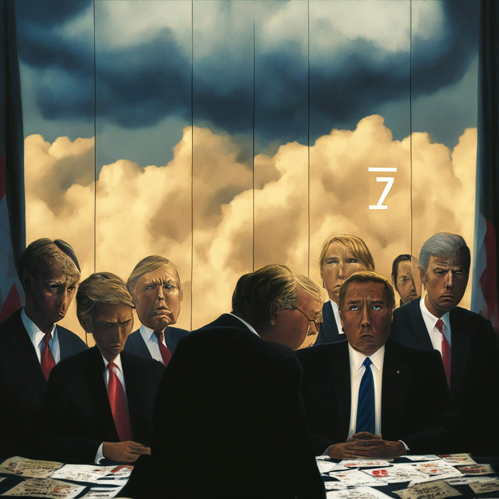G7 summit scene, President disapproving debt deal, worried expressions, troubled economy, crypto traders on screens, tension-filled atmosphere, golden light filtering through dense clouds, chiaroscuro effect, impactful contrast, mood of uncertainty and anticipation, imminent debt ceiling deadline, financial chessboard with gold, US Treasurys, and Bitcoin.