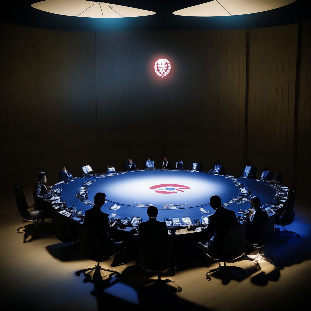 G7 Summit table with crypto regulation debate, tense diplomatic atmosphere, central bank governors and finance ministers engaged in discussion, dark room illuminated by soft, focused spotlights, artistic shadows cast on the floor, North Korean hacking incidents displayed on a screen, somber mood, deep colors reflecting urgency, Japanese leaders advocating strict measures.