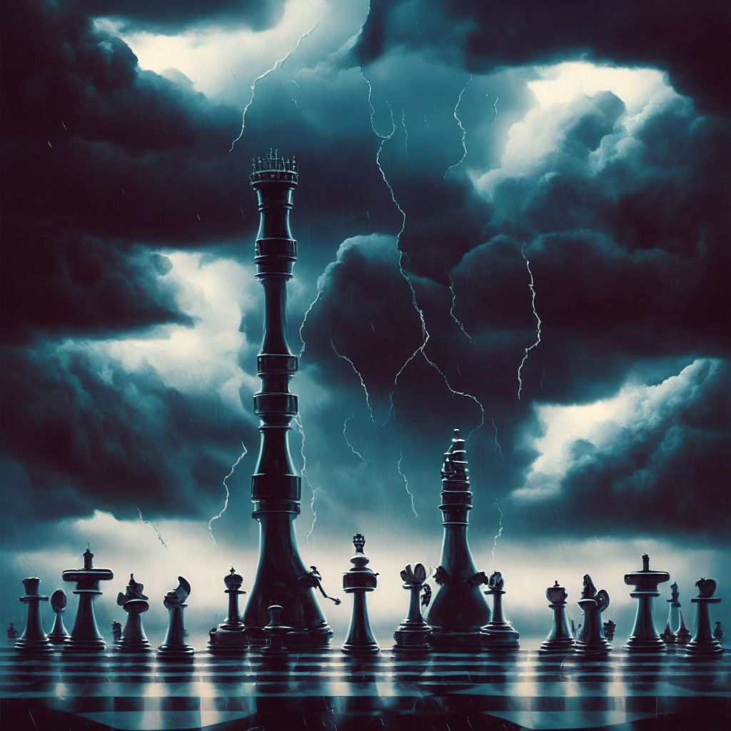 Gloomy financial battleground, Binance and Coinbase as towering chess pieces, intense contrast of warm and cool-toned lighting, surrealist art style, stormy sky, digital chains morphing into GALA V2 tokens, onlookers contemplating contrasting strategies, mysterious & uncertain mood.