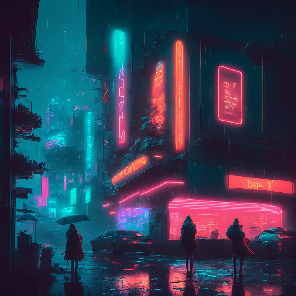 Gloomy cityscape, futuristic aesthetics, glowing neon signs, virtual currency exchange, mischievous characters cracking crypto jokes, action-packed gaming scene, play-to-earn concept, subtle satirical undertones, moody ambient lighting, metaverse-meets-real-world crossover.