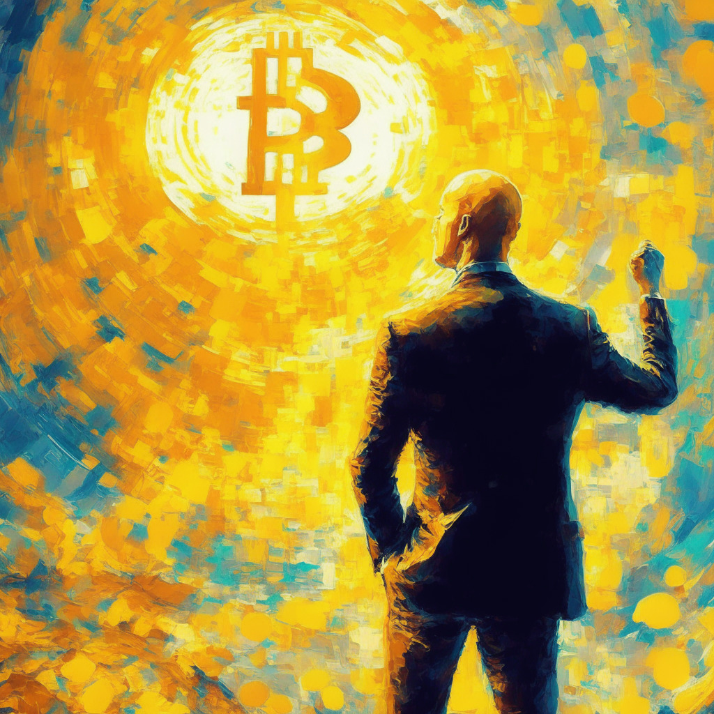 Abstract crypto market, Galaxy Digital recovery amidst turbulence, warm golden light, impressionist painting style, optimistic yet cautious atmosphere, Mike Novogratz confidently standing near rising charts, hint of skepticism surrounding growth, delicate balance of risk and reward.