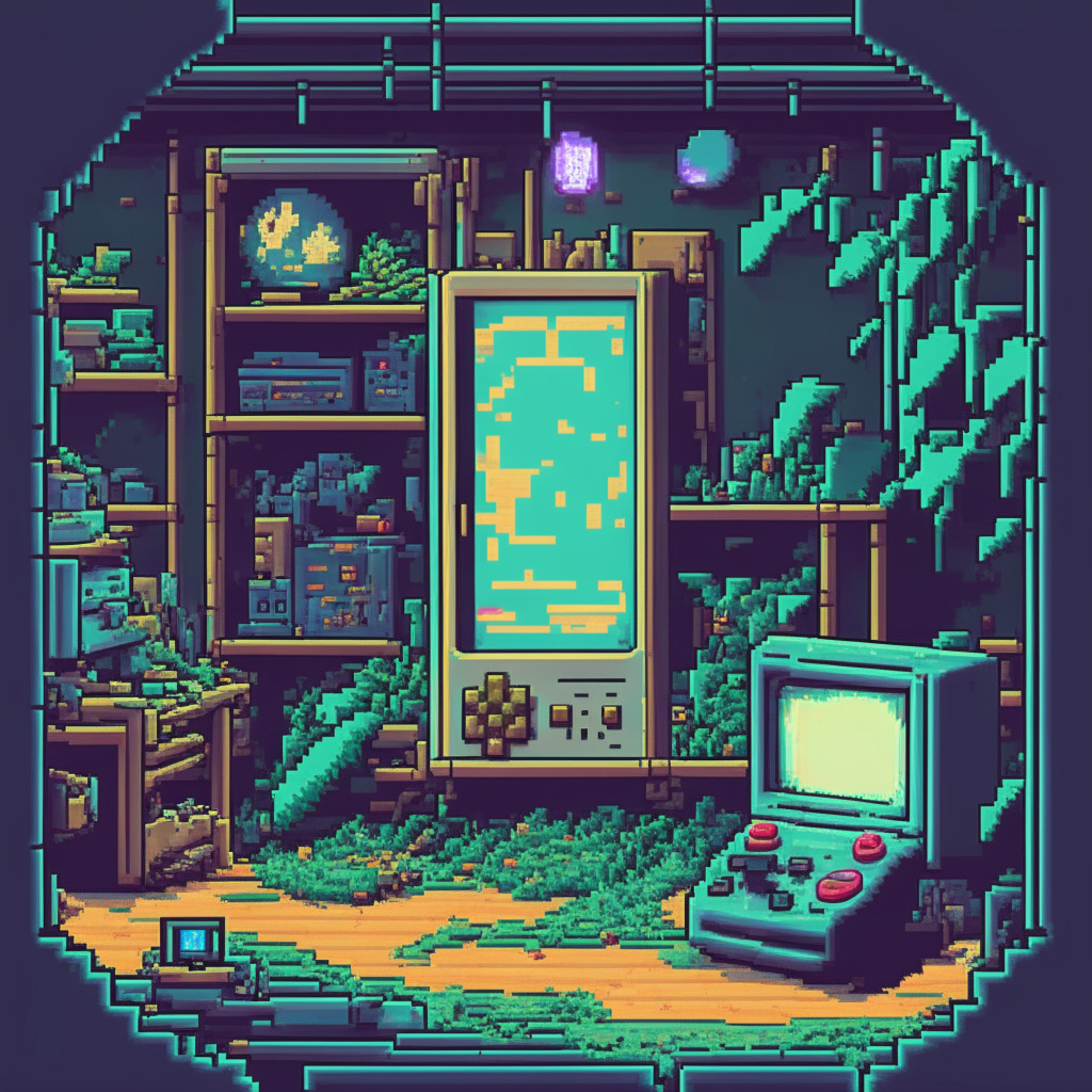 Retro Nintendo Game Boy scene, 90s nostalgia, crypto cold storage fusion, gaming quest to generate seed phrases, Pokémon-like experience, warm light setting, secure and mysterious mood, intricate pixel art style, interactions with NPCs, open-source software vibe, commitment to offline security.