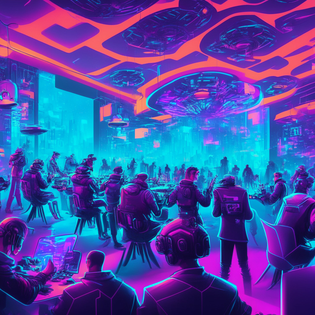 Futuristic gaming conference scene, sci-fi cityscape, diverse gamers & developers converging, illuminated crypto-enabled gaming devices, shining neon blockchain elements, lively discussion & networking, digital assets trading, complex yet balanced digital economy, contrasting vibrant colors, subtle futuristic aesthetic, mood of innovation & collaboration.