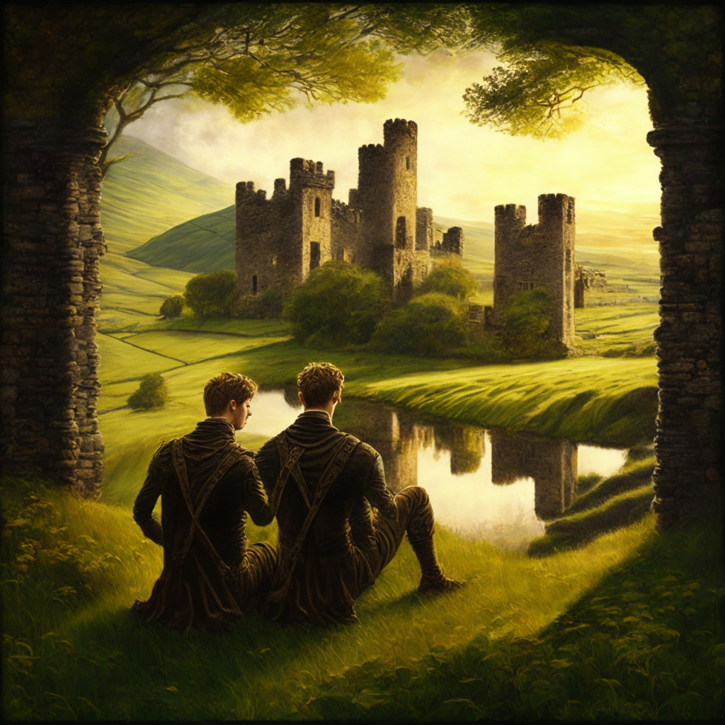 Mystical Irish landscape, Winklevoss twins discussing plans, soft golden light, traditional Irish pub, lush greenery, ancient castle ruins, Celtic knots intertwining with futuristic tech, optimistic mood, Renaissance painting style, contrasts between innovation & tradition, warm earthy tones.