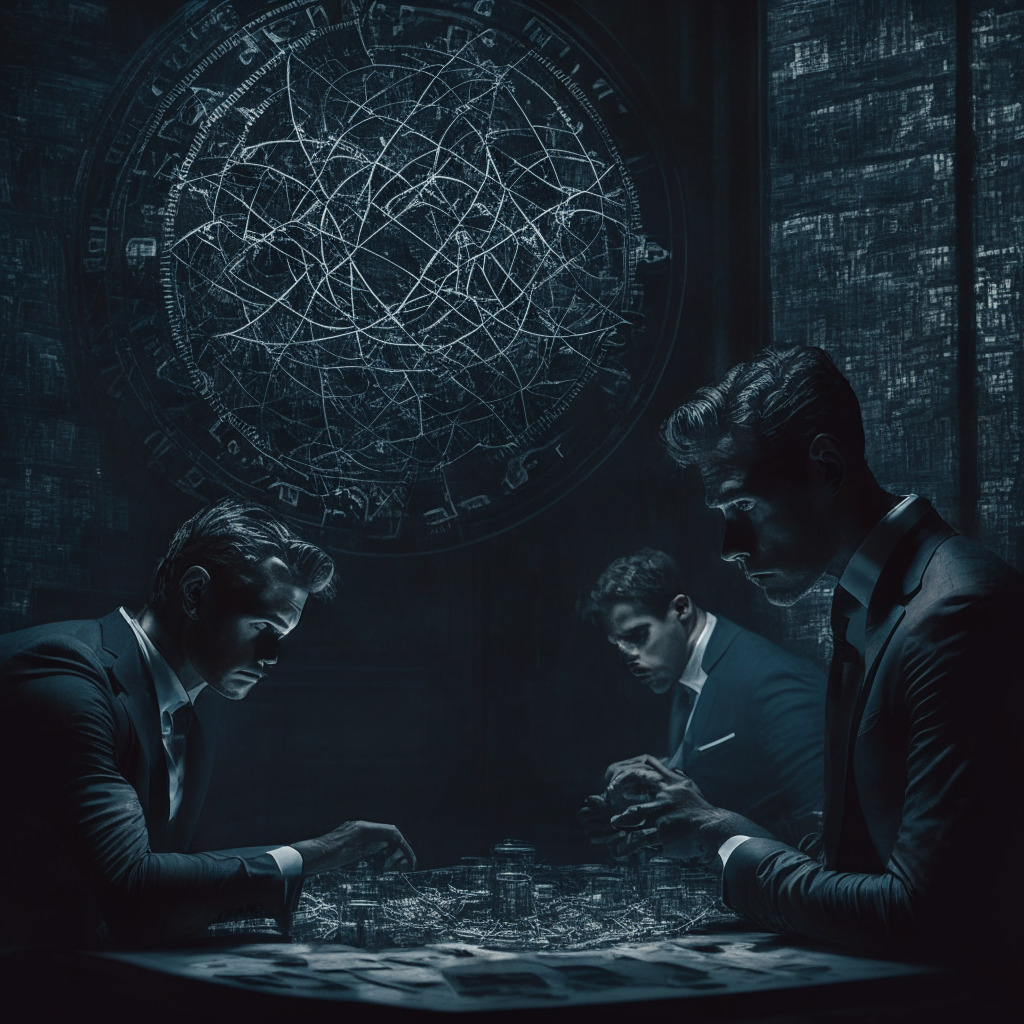 Intricate financial web, troubled crypto company, dark, moody atmosphere, Winklevoss twins contemplating, digital currency assets, loan payment crisis, chaotic swirl of decisions, forbearance dilemma, clock ticking for DCG, subtle chiaroscuro lighting, overarching uncertainty.