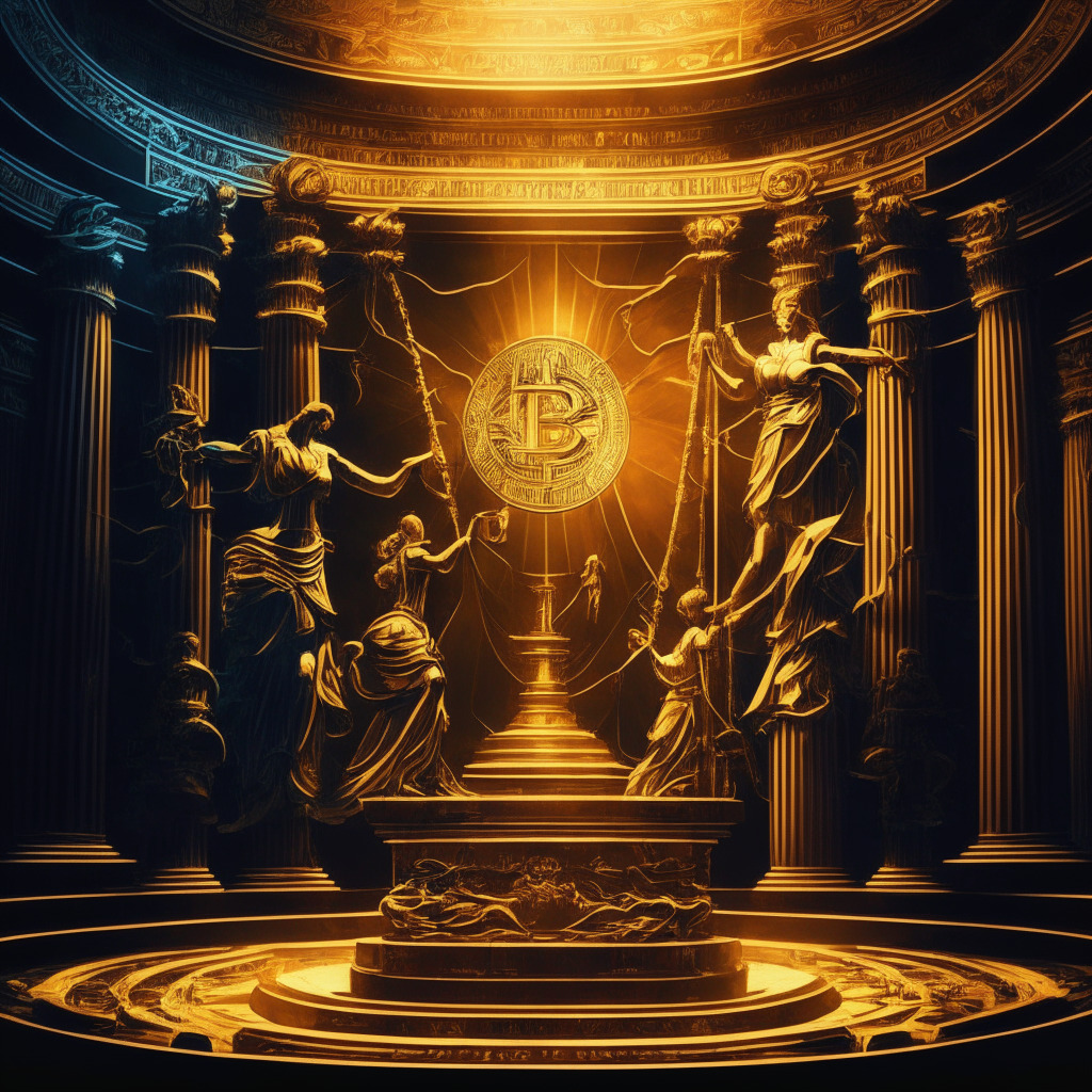 Cryptocurrency crossroads, Gemini vs. Genesis, SEC lawsuit backdrop, mood of tension & high stakes, Renaissance-style art with focus on contrast & chiaroscuro, intricate financial architecture, illuminated courtroom, balancing scale symbolizing regulation debate, subtle golden glow highlighting key figures, shadows cast on crypto market.