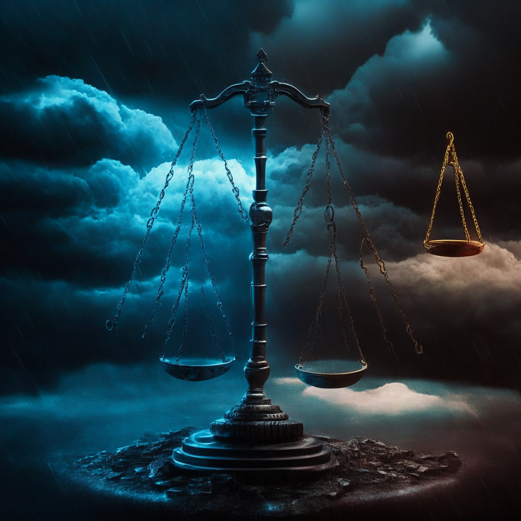 Crypto exchange vs SEC lawsuit, intricate blockchain background, balance scale representing legal battle, frustrated users unable to access funds, dark clouds and stormy atmosphere, hint of hope with UK expansion plans, chiaroscuro lighting, tension and uncertainty in the air, potential consequences for the crypto industry.