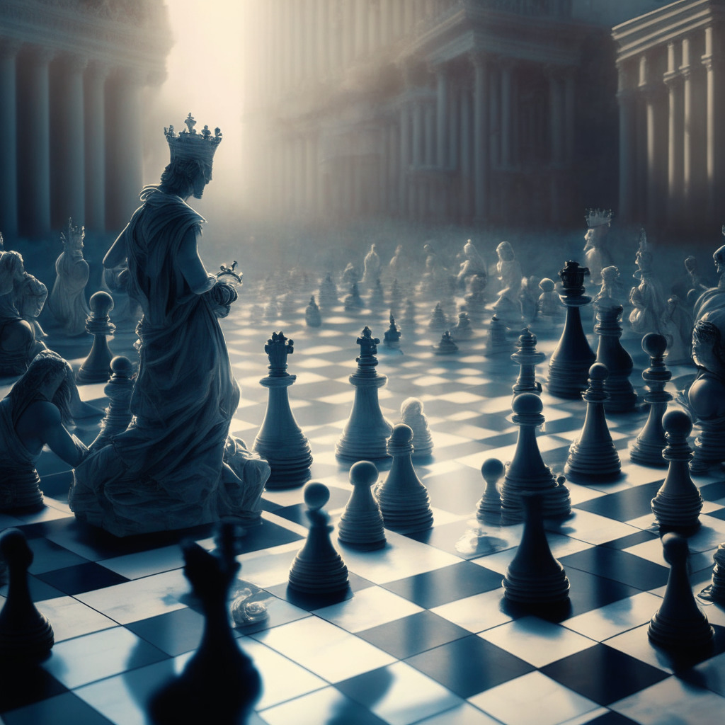 Cryptocurrency exchange Gemini and lender Genesis battle SEC lawsuit, intricate chessboard with crypto pieces, contrasting baroque and minimalist art styles, soft morning sunlight, tense atmosphere, onlooking crowd of crypto enthusiasts, hazy cityscape symbolizing regulatory uncertainty, grayscale color palette for meditative mood.