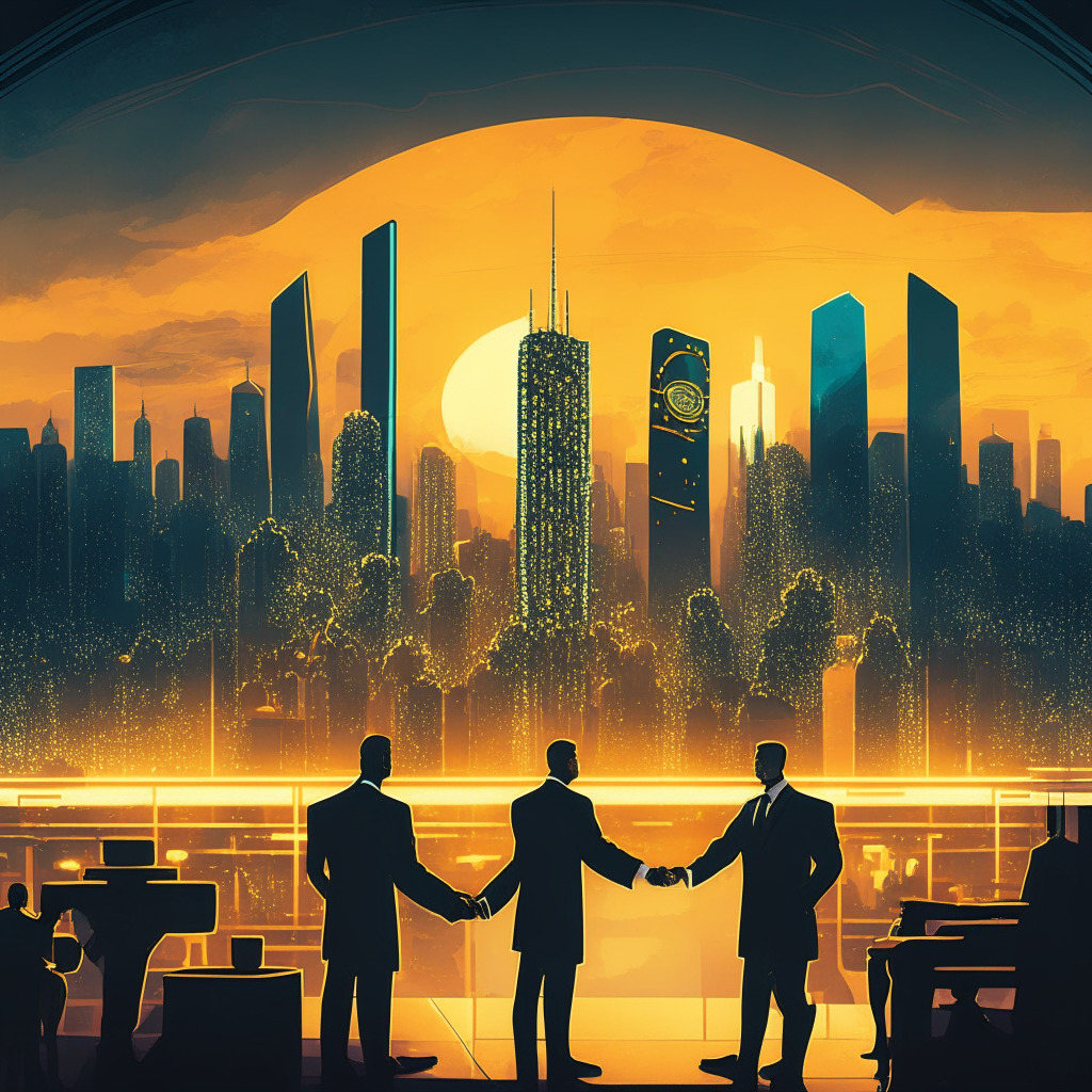 An Irish cityscape at dusk, reflecting crypto's bright future, with a futuristic European headquarters gleaming gold, people in business attire shaking hands, a stylized scale representing sensible regulation policies, a backdrop of global landmarks symbolizing collaboration, a computer screen showing off-exchange settlements, glowing metaverse portal, and a Hong Kong skyline.